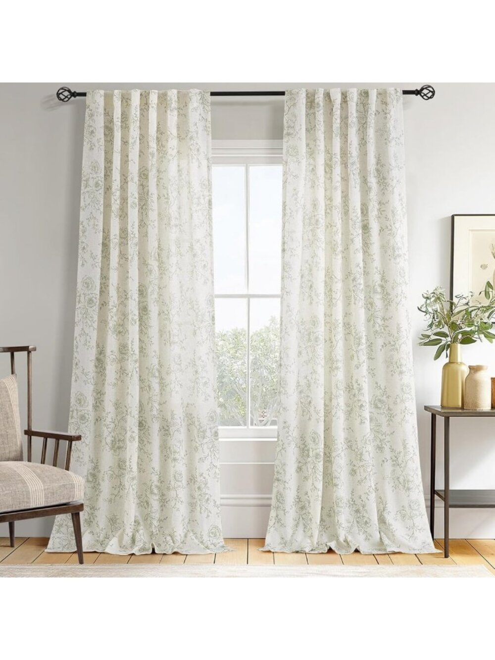 Floral Green 84" Back Tab Curtains | Light Filtering Minimalist Vintage Decor